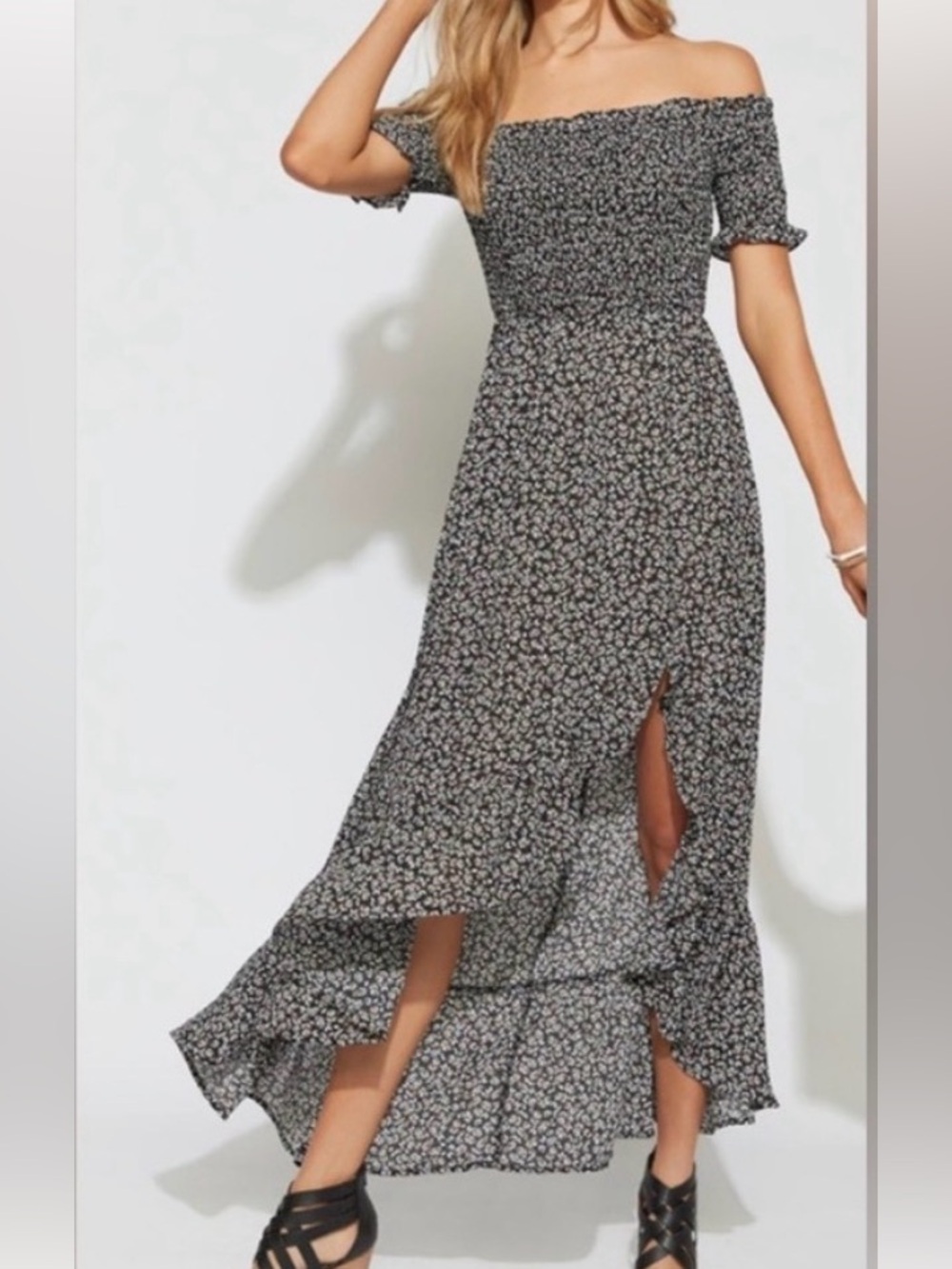 Blue Rain Black Floral Off-Shoulder Maxi Dress with Side Slit